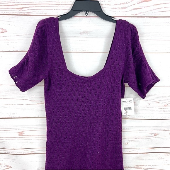 NWT Free People Amythyst Purple Crochet Knit Low Back Puff Sleeve Bodycon Dress - Picture 2 of 13